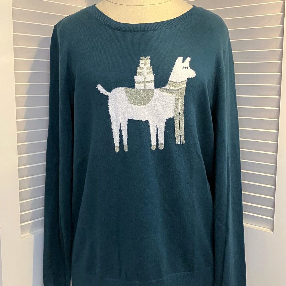 TEAL Pullover Sweater with Llama Motif - Very Soft lightweight knit